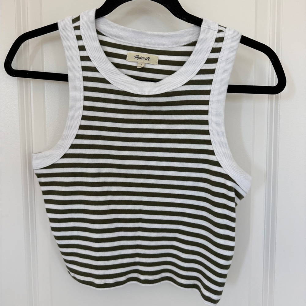 Madewell Olive Green & White Striped Ribbed Tank